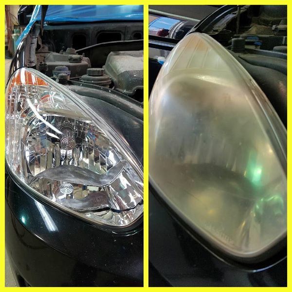 Antes e depois de farol amarelado restaurado