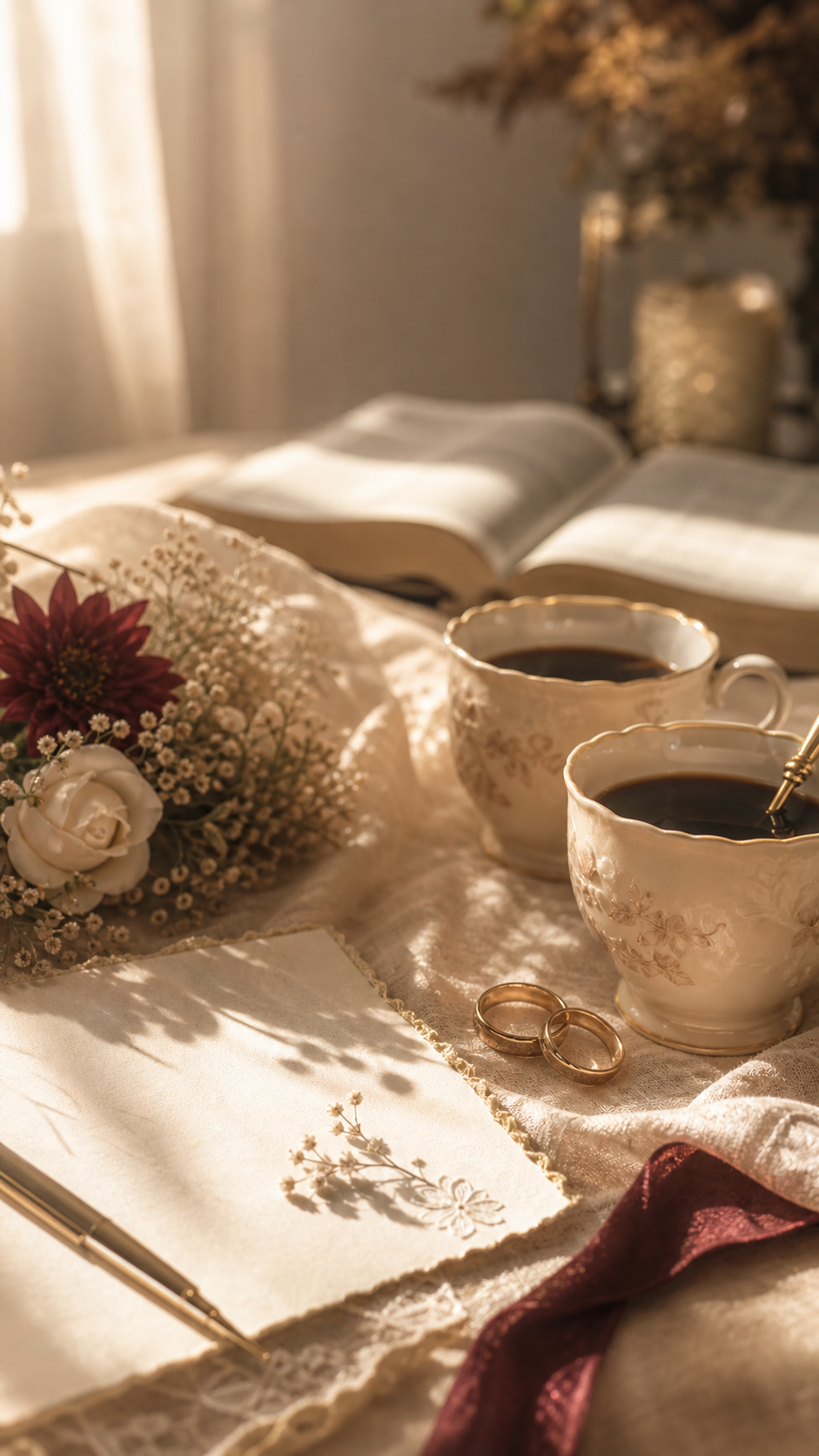 Cafe, flores e aliancas em cena acolhedora